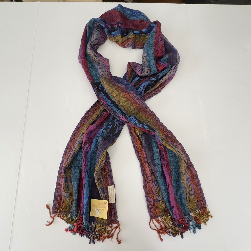 Rapti Fashion Silk Viscose Handmade Scarf Multi Color Paisley Stripe 82x12 Nepal